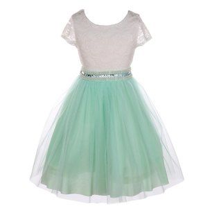 Cap Sleeve Lace Top Tulle Shiny Stone Belt Easter Graduation Flower Girl Dress
